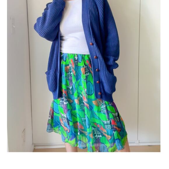 Vintage 90s Graphic Print Pleated skirt Size M Green/Blue Mixed Prints Statement - Picture 7 of 8